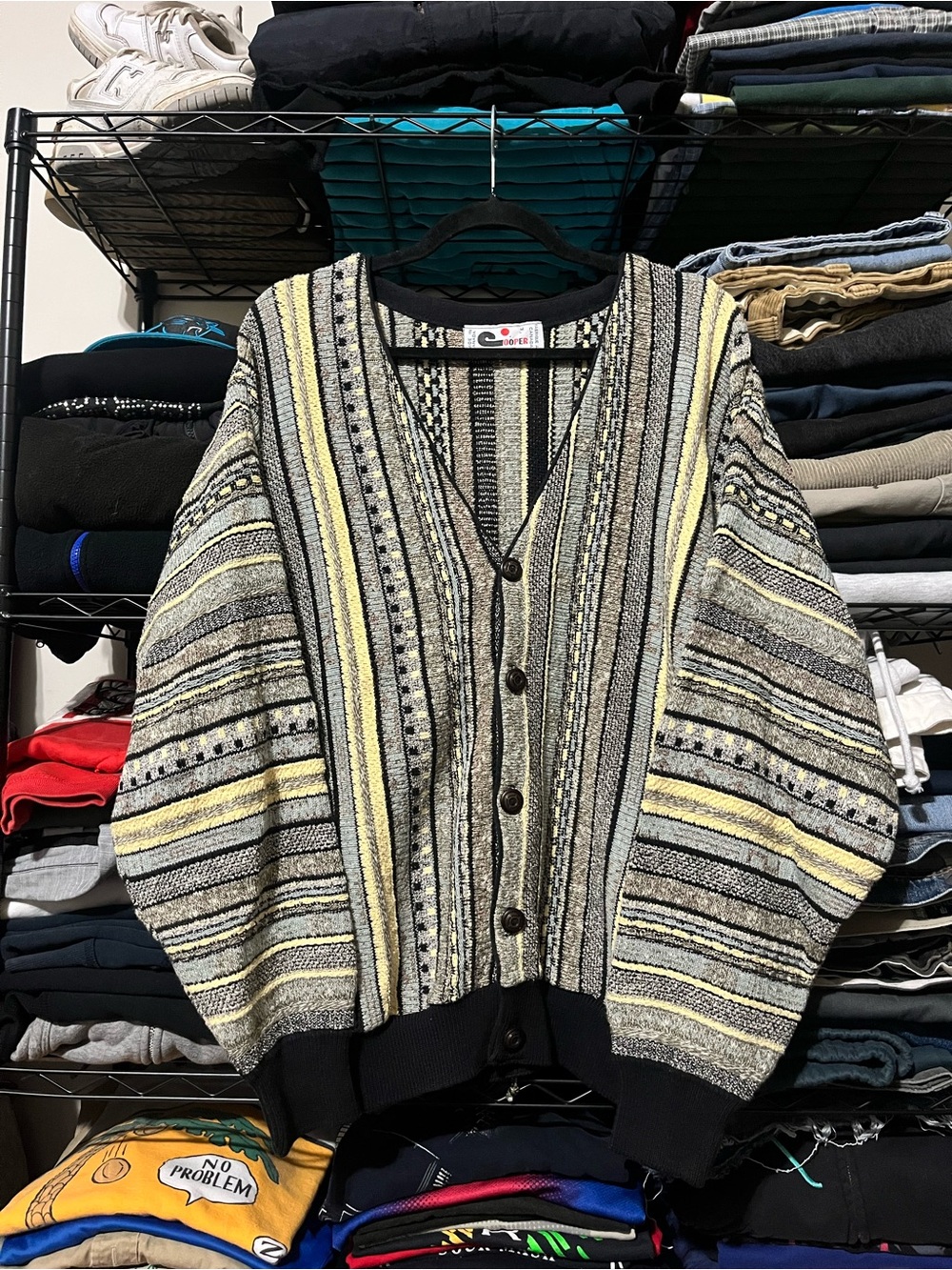 Men's Striped V-Neck Button Cardigan - Yellow Gray